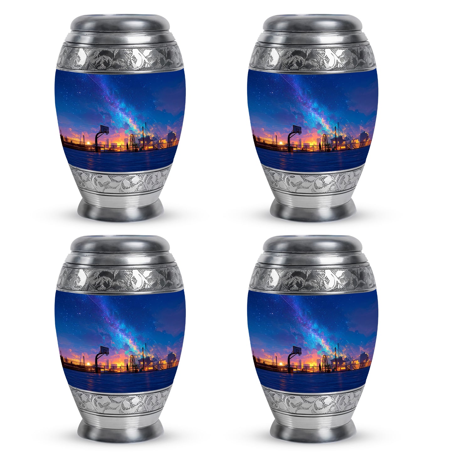 Cobalt Blue Basketball Cremation Urn urn with complimentary velvet bag - royal basketball engraving with decorative scrollwork - 10 inch aluminum urn for cremated remains