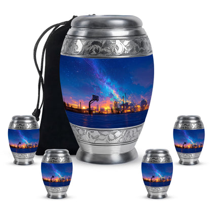Sapphire Blue Basketball Cremation Urn detail view - majestic basketball pattern with filigree border - memorial set with one large and four small urns