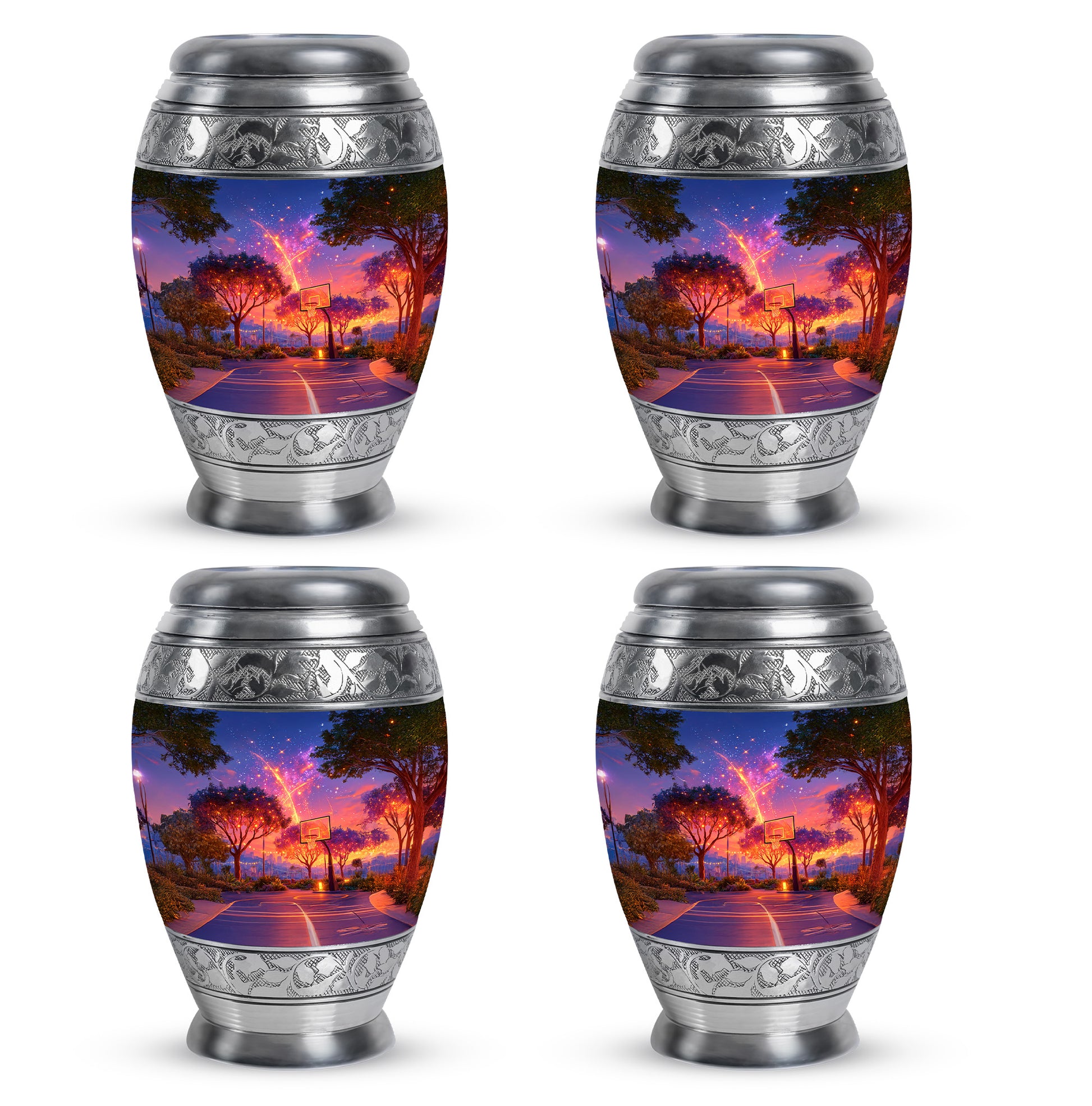 Misty Blue Basketball Cremation Urn urn with complimentary velvet bag - ornate monarch-style basketball relief on brushed aluminum - 10 inch aluminum urn for cremated remains