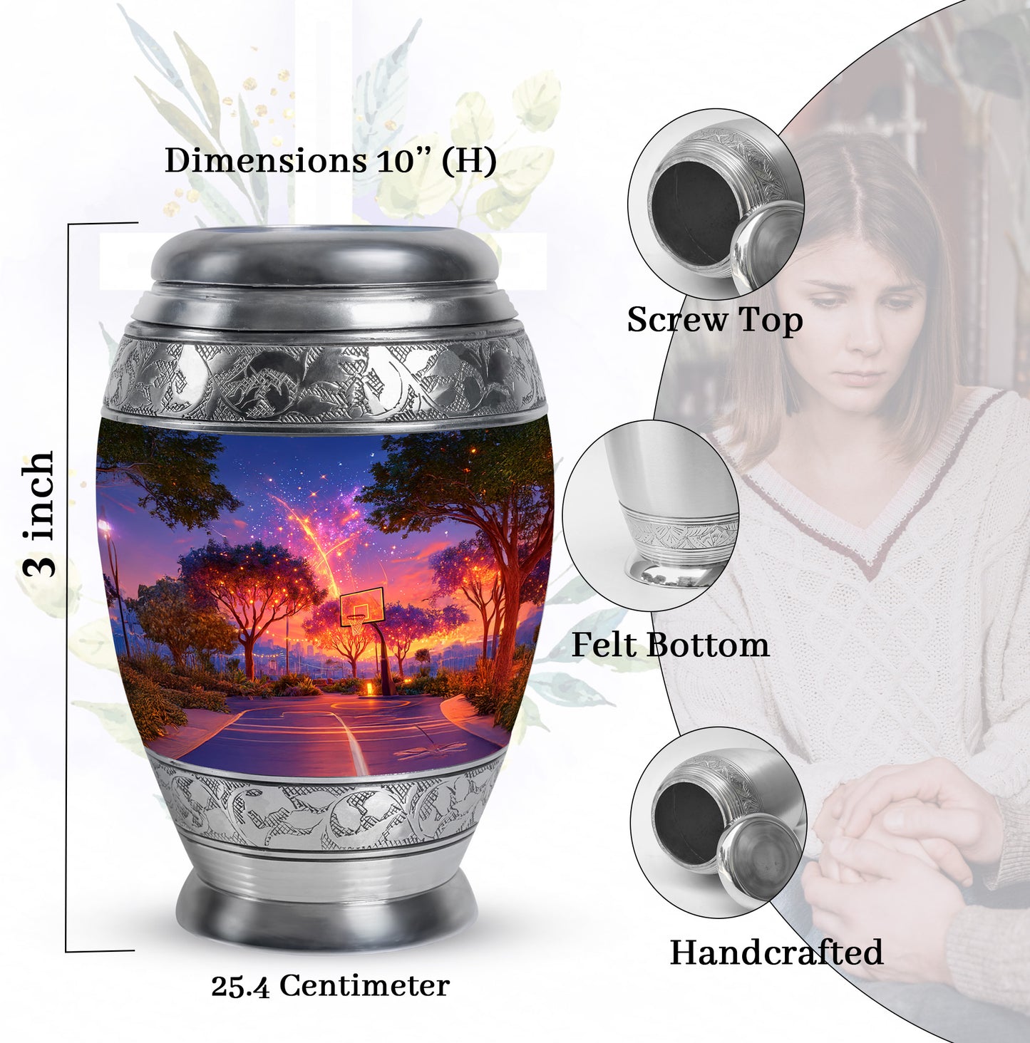 Vivid Blue Basketball Cremation Urn lifestyle display on memorial shelf - royal basketball engraving with decorative scrollwork - mini keepsake memorial for portion of cremation ashes