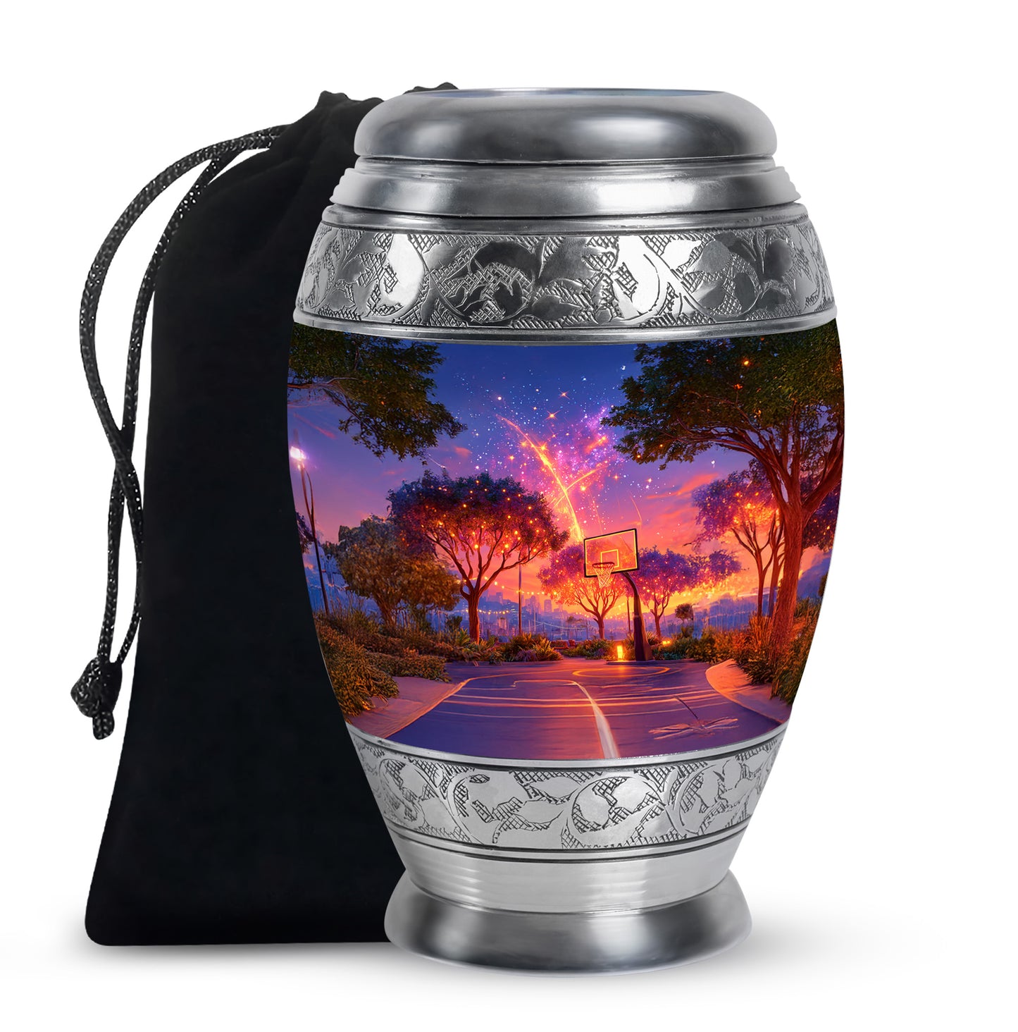 Royal Blue Basketball Cremation Urn back view with polished surface - royal basketball engraving with decorative scrollwork - full-size 10 inch 200 cubic inch adult cremation urn