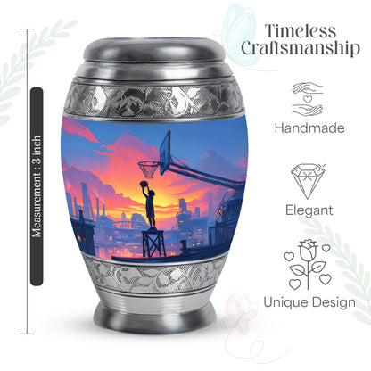 Sapphire Blue Basketball Cremation Urn lifestyle display on memorial shelf - majestic basketball pattern with filigree border - mini keepsake memorial for portion of cremation ashes