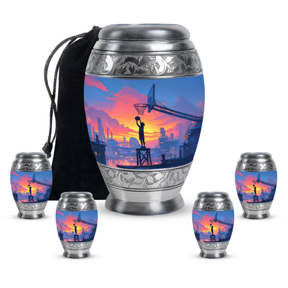 Slate Blue Basketball Cremation Urn detail view - regal basketball design with crown-inspired accents - memorial set with one large and four small urns