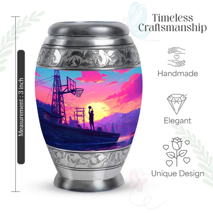 Royal Blue Basketball Cremation Urn lifestyle display on memorial shelf - majestic basketball pattern with filigree border - mini keepsake memorial for portion of cremation ashes