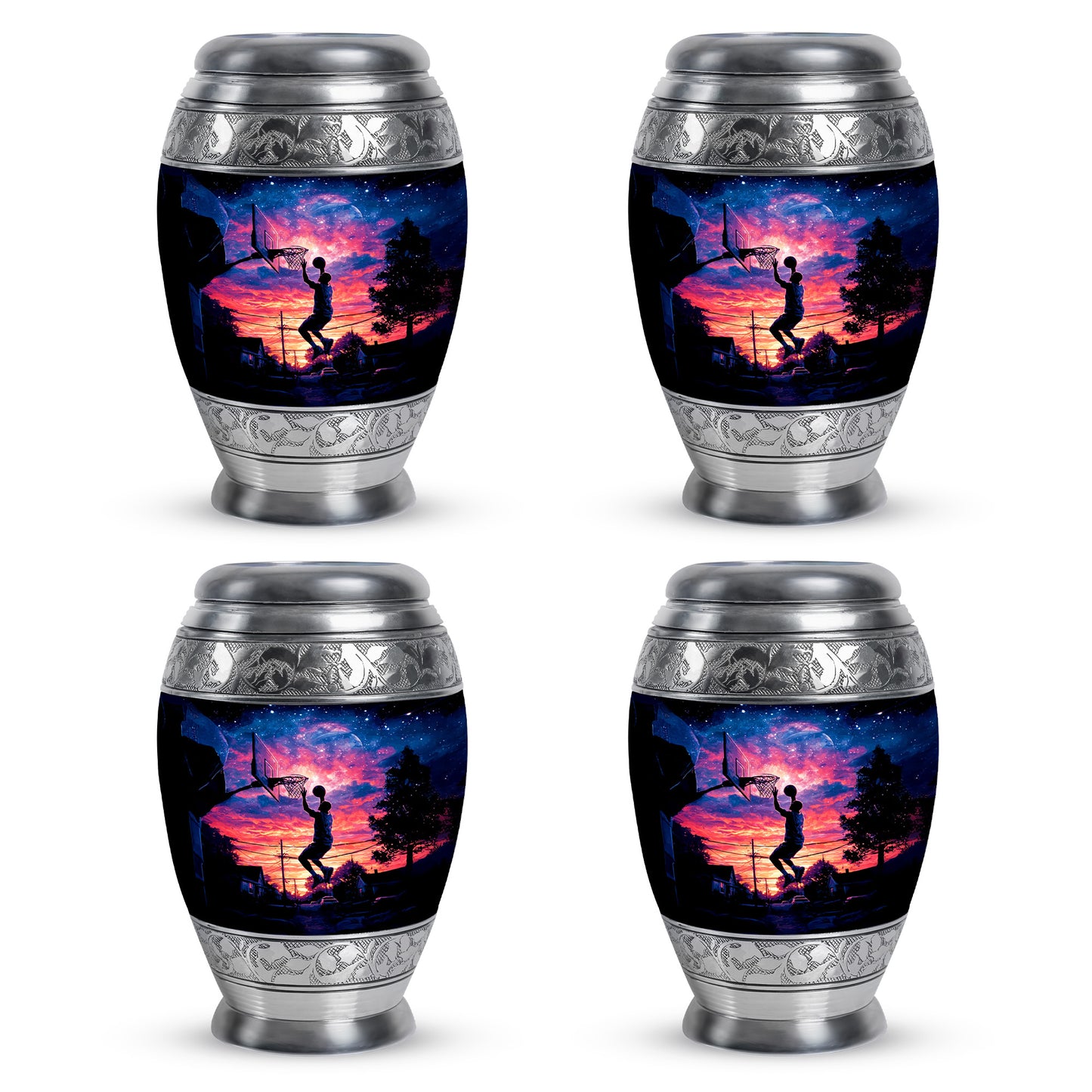 Rich Black Basketball Cremation Urn urn with complimentary velvet bag - ornate monarch-style basketball relief on brushed aluminum - 10 inch aluminum urn for cremated remains