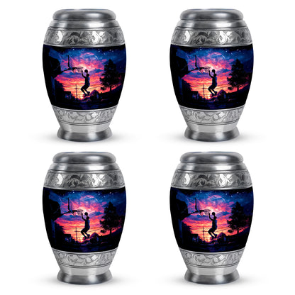 Rich Black Basketball Cremation Urn urn with complimentary velvet bag - ornate monarch-style basketball relief on brushed aluminum - 10 inch aluminum urn for cremated remains