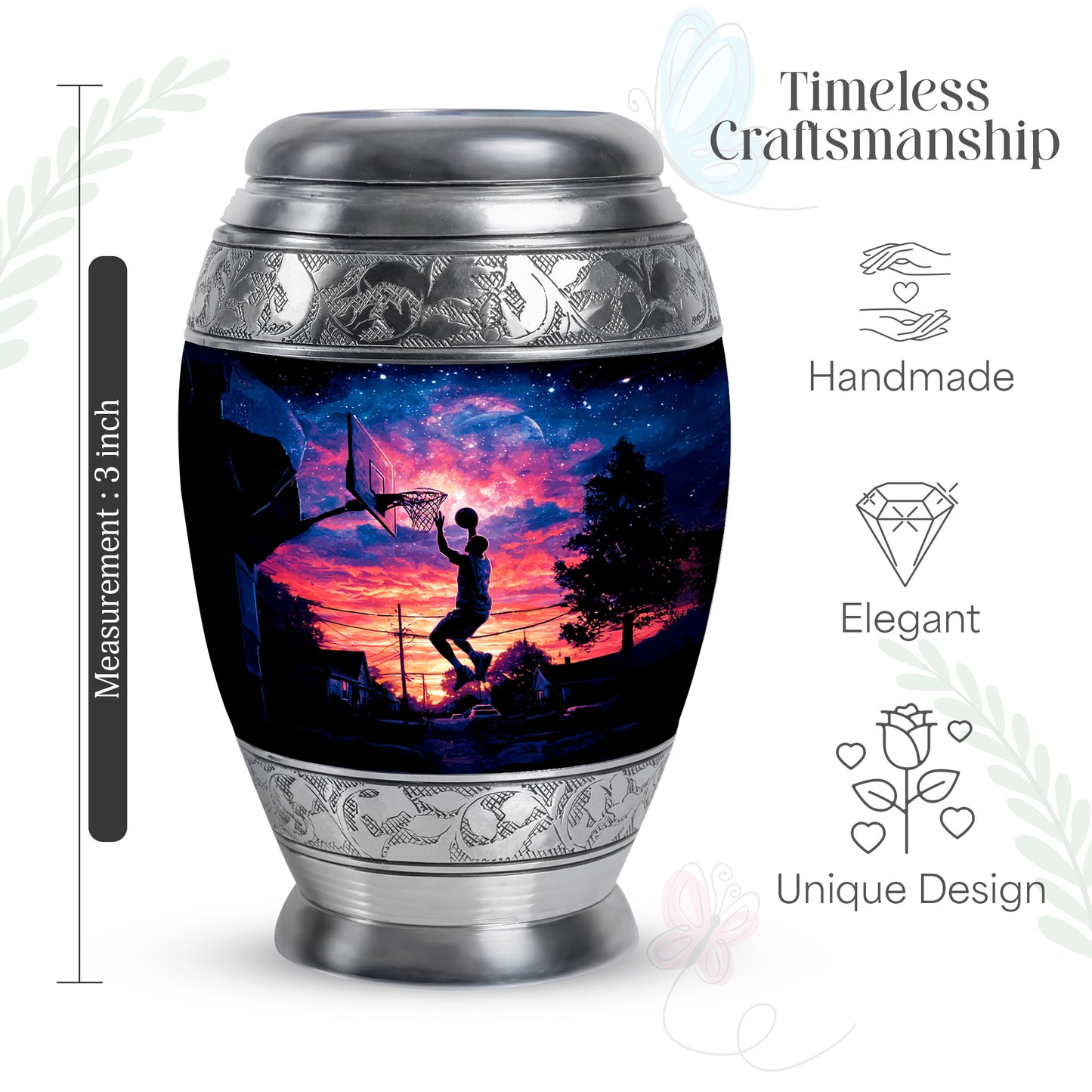 Deep Black Basketball Cremation Urn lifestyle display on memorial shelf - regal basketball design with crown-inspired accents - mini keepsake memorial for portion of cremation ashes