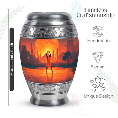 Cherry Red Basketball Cremation Urn lifestyle display on memorial shelf - majestic basketball pattern with filigree border - mini keepsake memorial for portion of cremation ashes