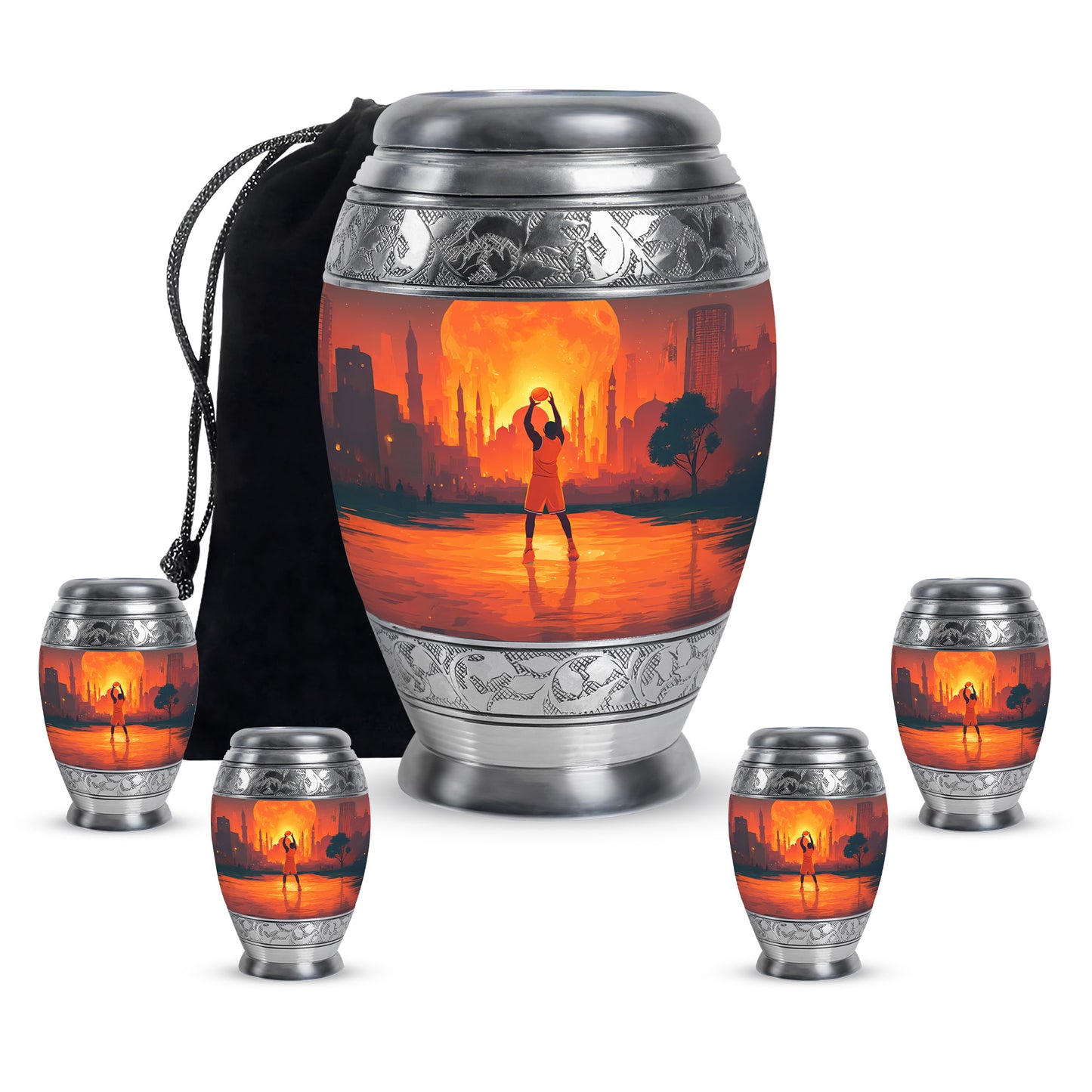 Rich Red Basketball Cremation Urn detail view - royal basketball engraving with decorative scrollwork - memorial set with one large and four small urns