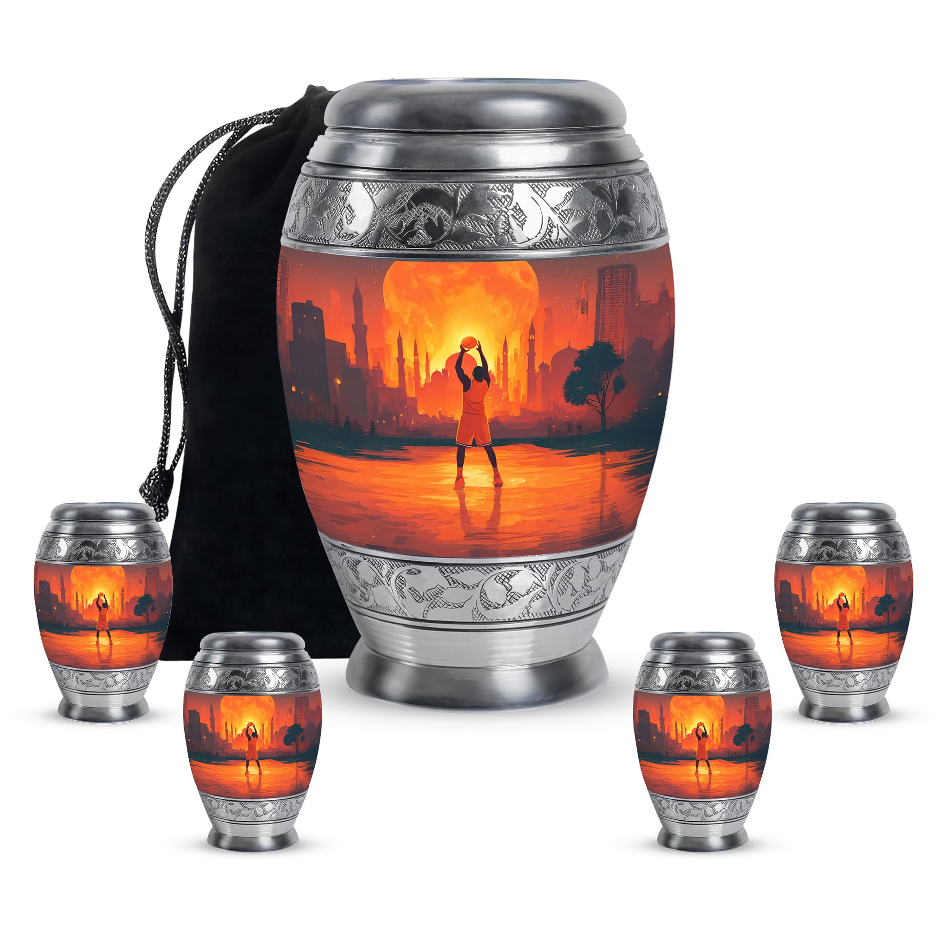 Rich Red Basketball Cremation Urn detail view - royal basketball engraving with decorative scrollwork - memorial set with one large and four small urns
