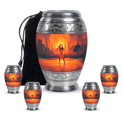 Rich Red Basketball Cremation Urn detail view - royal basketball engraving with decorative scrollwork - memorial set with one large and four small urns