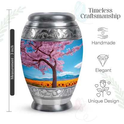 Misty Blue Cherry Blossom Cremation Urn lifestyle display on memorial shelf - regal cherry blossom design with crown-inspired accents - mini keepsake memorial for portion of cremation ashes