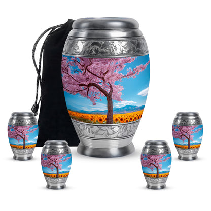 Steel Blue Cherry Blossom Cremation Urn detail view - majestic cherry blossom pattern with filigree border - memorial set with one large and four small urns