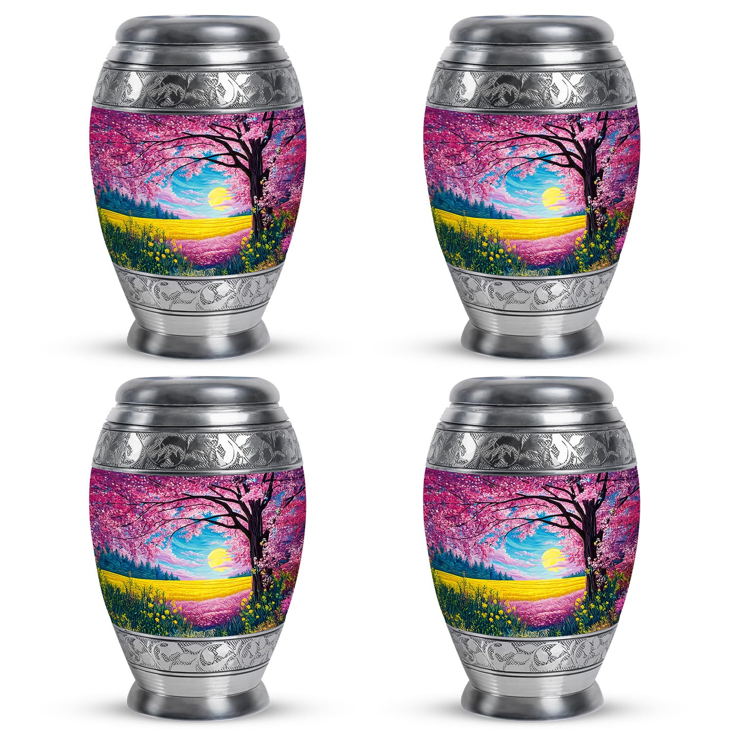 Pastel Pink Cherry Blossom Cremation Urn urn with complimentary velvet bag - regal cherry blossom design with crown-inspired accents - 10 inch aluminum urn for cremated remains