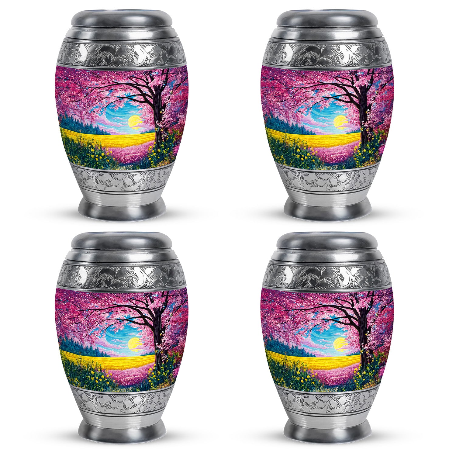 Pastel Pink Cherry Blossom Cremation Urn urn with complimentary velvet bag - regal cherry blossom design with crown-inspired accents - 10 inch aluminum urn for cremated remains