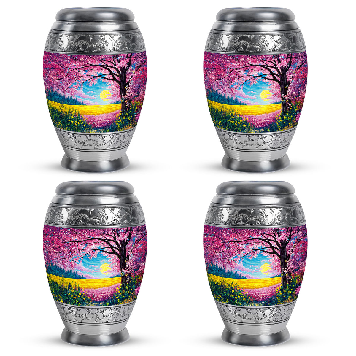 Pastel Pink Cherry Blossom Cremation Urn urn with complimentary velvet bag - regal cherry blossom design with crown-inspired accents - 10 inch aluminum urn for cremated remains