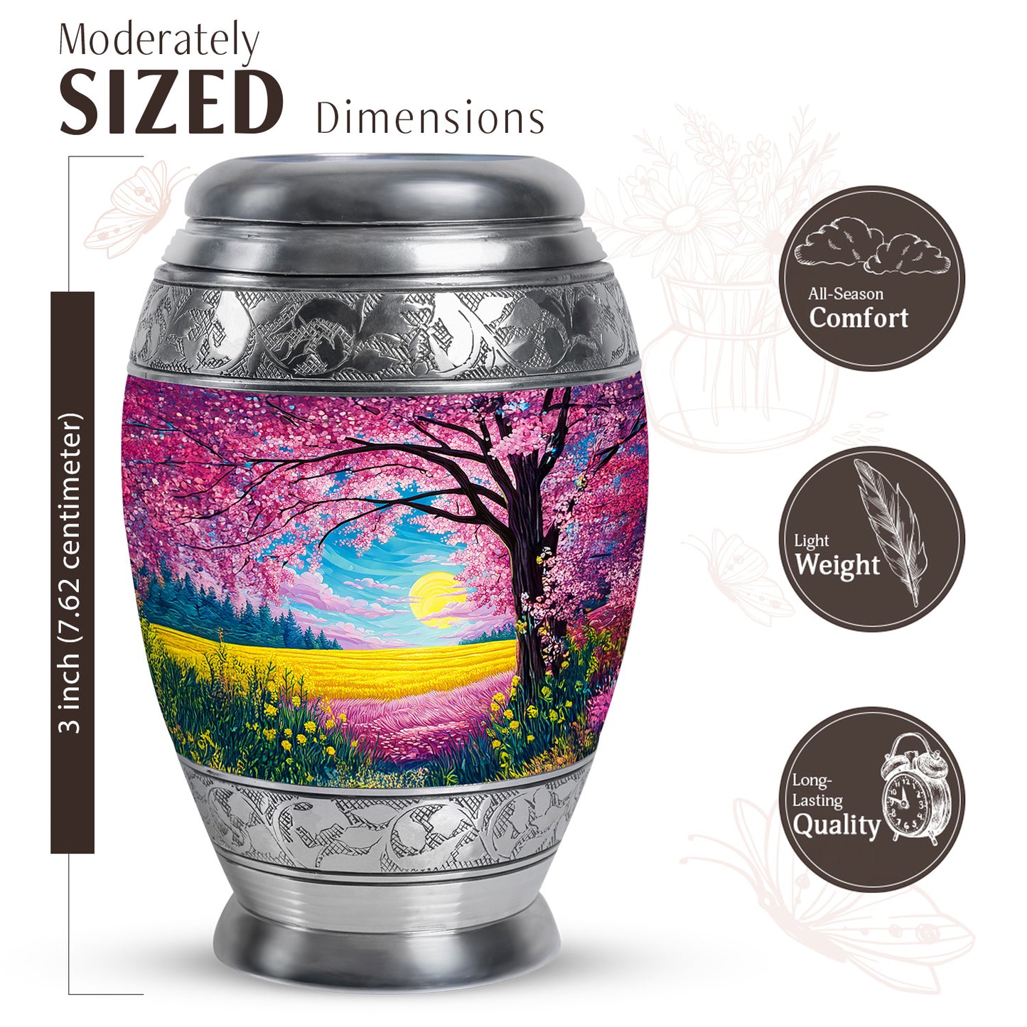 Dusty Pink Cherry Blossom Cremation Urn lifestyle display on memorial shelf - majestic cherry blossom pattern with filigree border - mini keepsake memorial for portion of cremation ashes