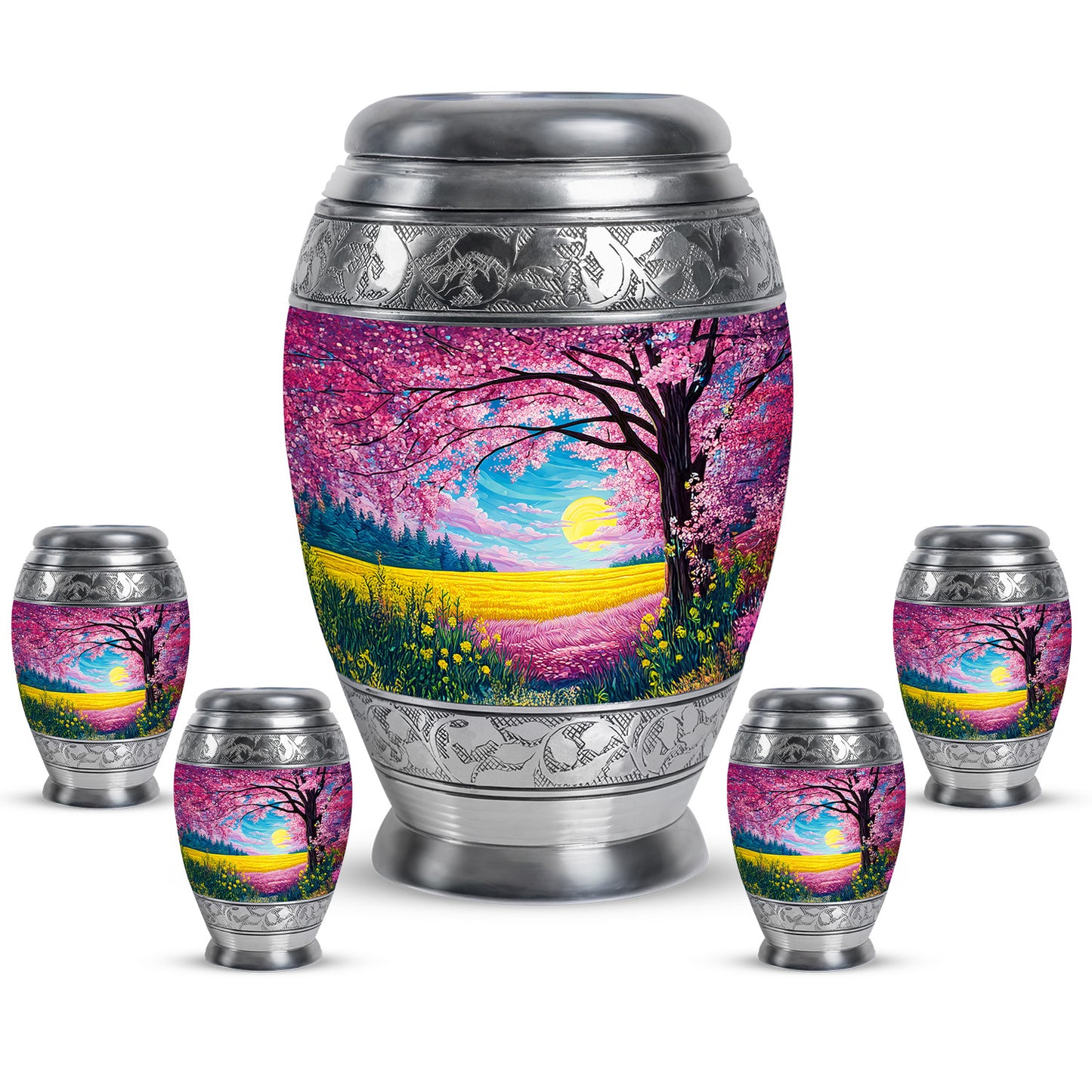 Soft Pink Cherry Blossom Cremation Urn detail view - majestic cherry blossom pattern with filigree border - memorial set with one large and four small urns