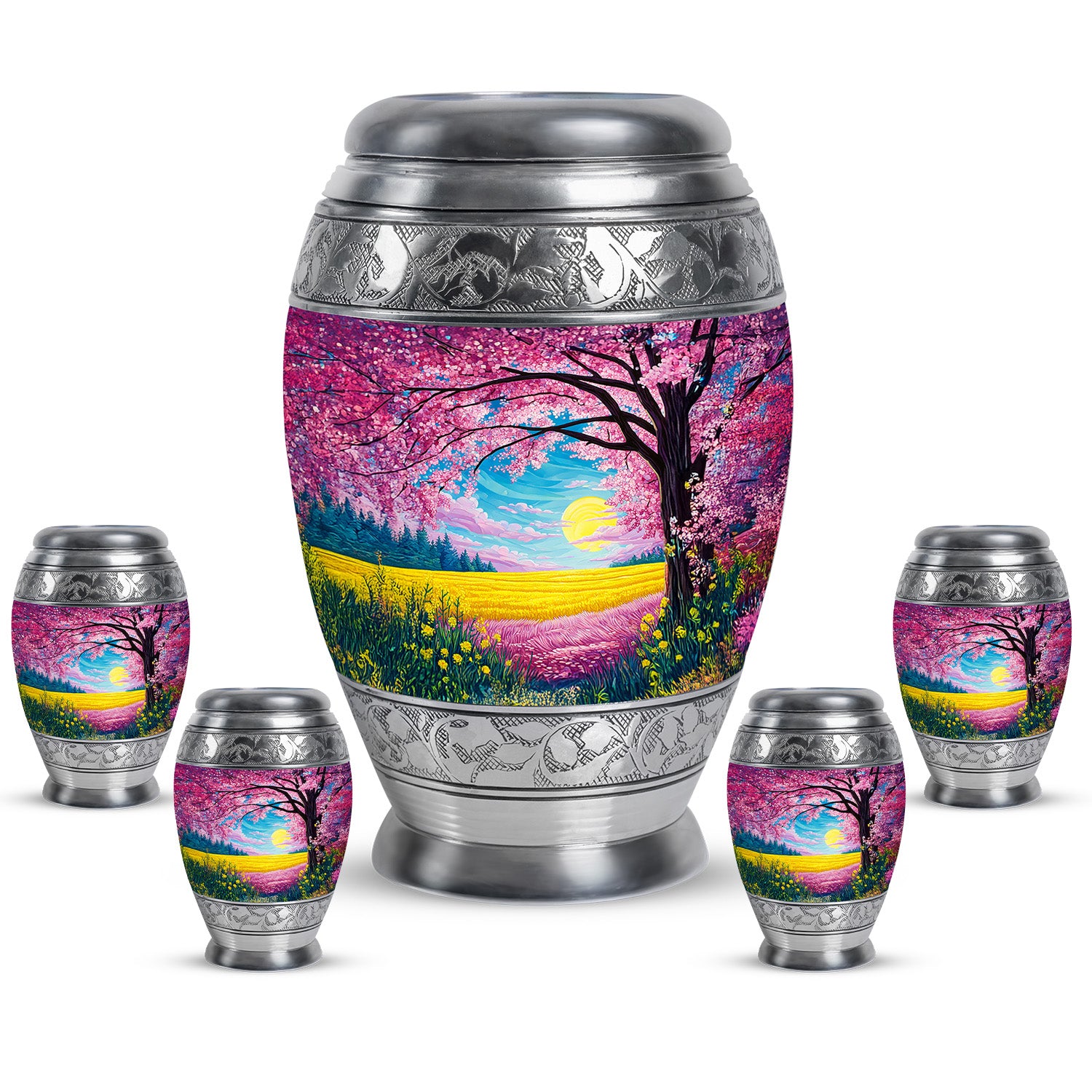 Soft Pink Cherry Blossom Cremation Urn detail view - majestic cherry blossom pattern with filigree border - memorial set with one large and four small urns