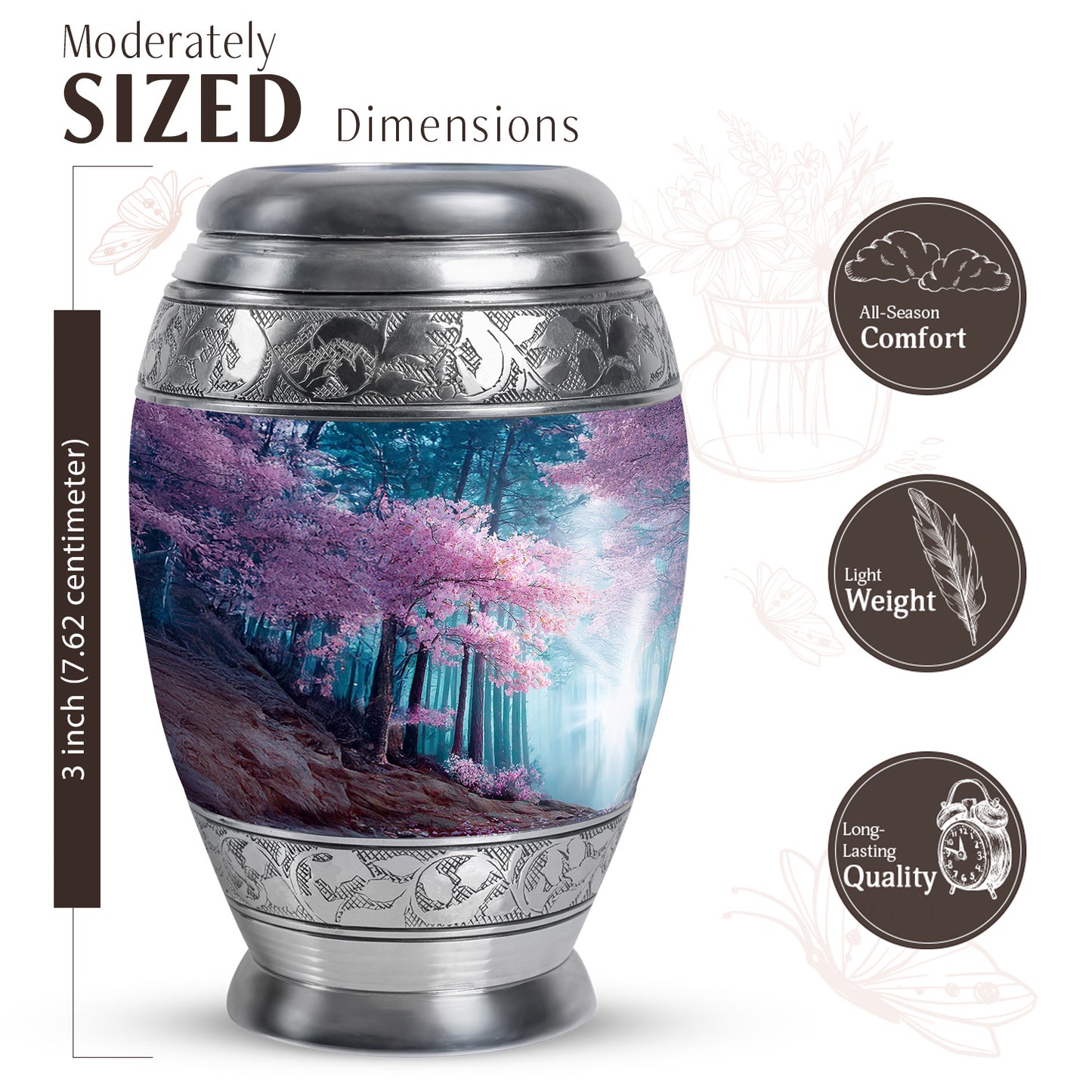 Navy Blue Cherry Blossom Cremation Urn lifestyle display on memorial shelf - regal cherry blossom design with crown-inspired accents - mini keepsake memorial for portion of cremation ashes