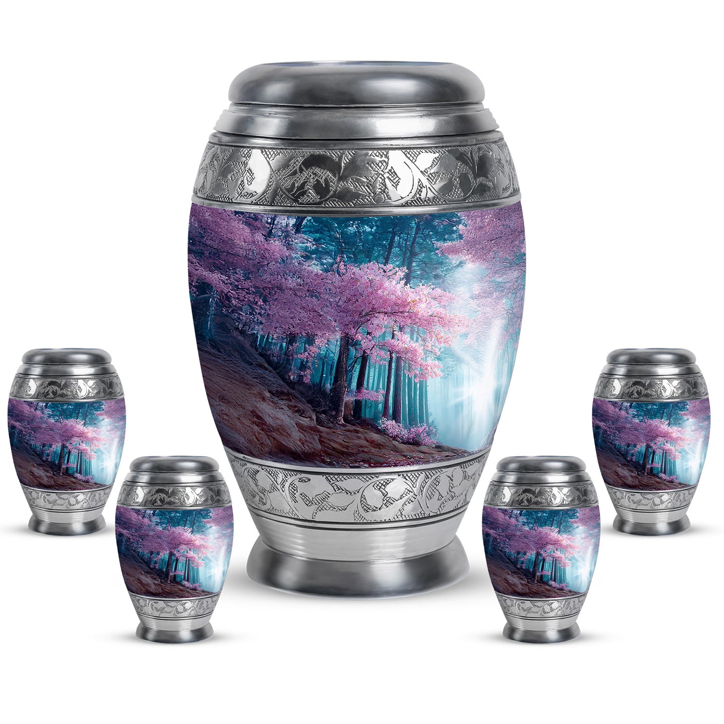 Azure Cherry Blossom Cremation Urn detail view - ornate monarch-style cherry blossom relief on brushed aluminum - memorial set with one large and four small urns