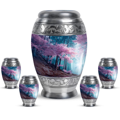 Azure Cherry Blossom Cremation Urn detail view - ornate monarch-style cherry blossom relief on brushed aluminum - memorial set with one large and four small urns