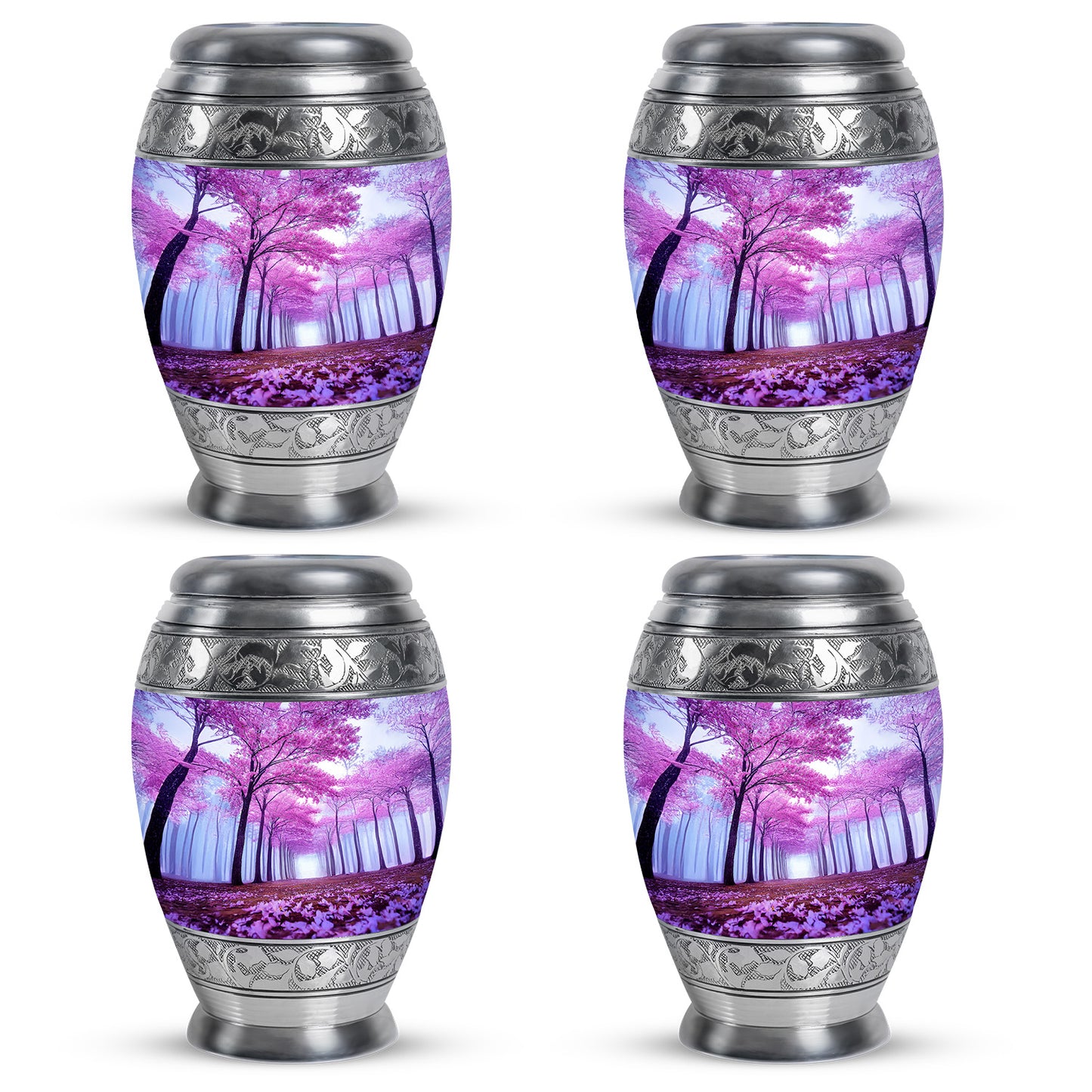Pastel Blue Cherry Blossom Cremation Urn urn with complimentary velvet bag - ornate monarch-style cherry blossom relief on brushed aluminum - 10 inch aluminum urn for cremated remains