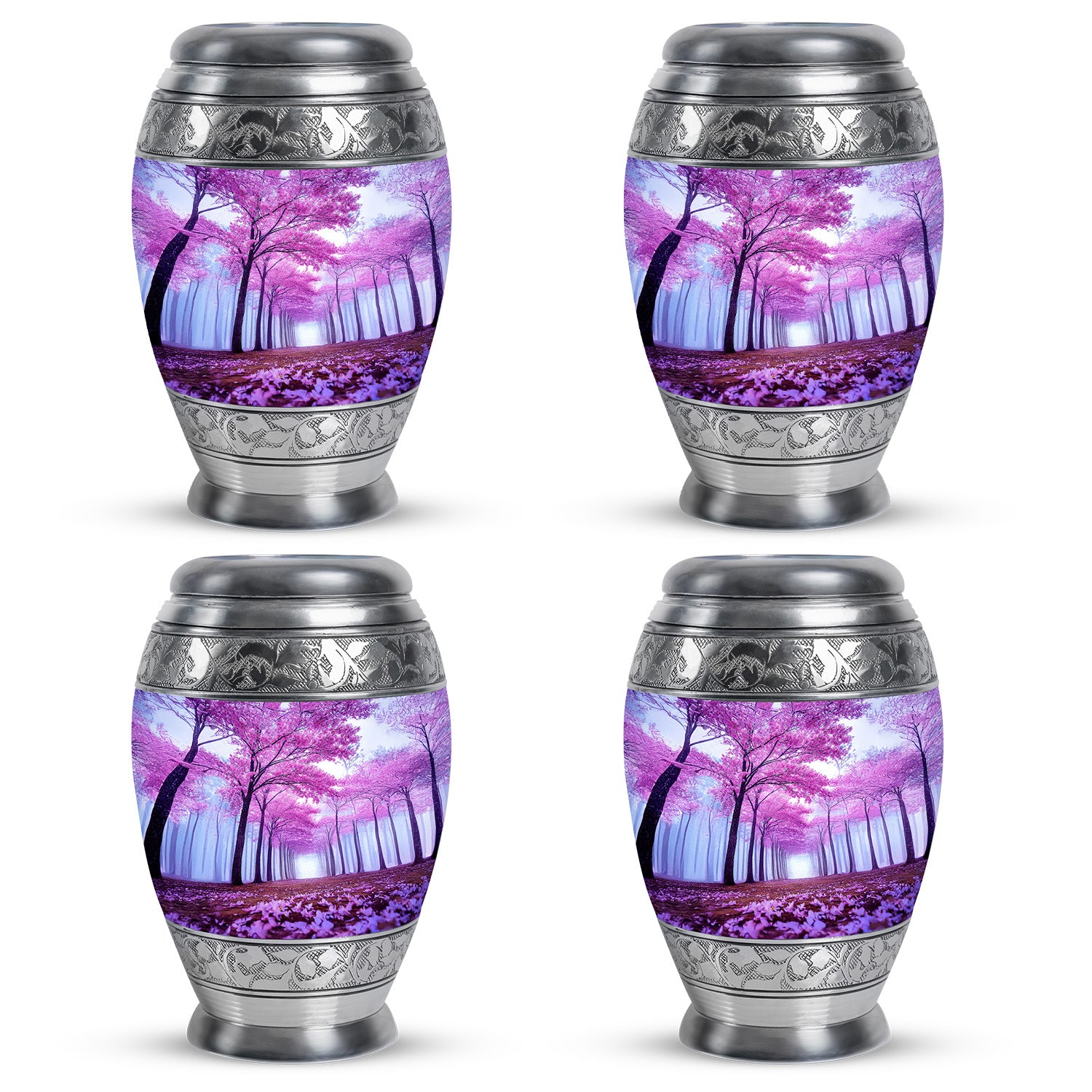 Pastel Blue Cherry Blossom Cremation Urn urn with complimentary velvet bag - ornate monarch-style cherry blossom relief on brushed aluminum - 10 inch aluminum urn for cremated remains