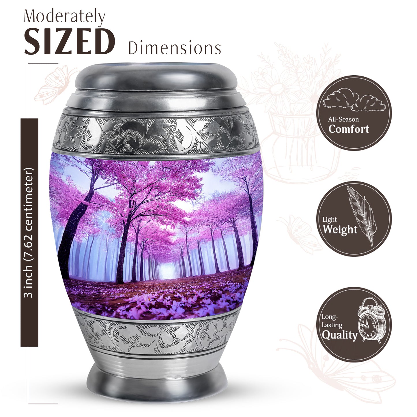 Dusty Blue Cherry Blossom Cremation Urn lifestyle display on memorial shelf - regal cherry blossom design with crown-inspired accents - mini keepsake memorial for portion of cremation ashes