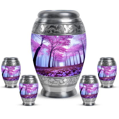 Steel Blue Cherry Blossom Cremation Urn detail view - royal cherry blossom engraving with decorative scrollwork - memorial set with one large and four small urns