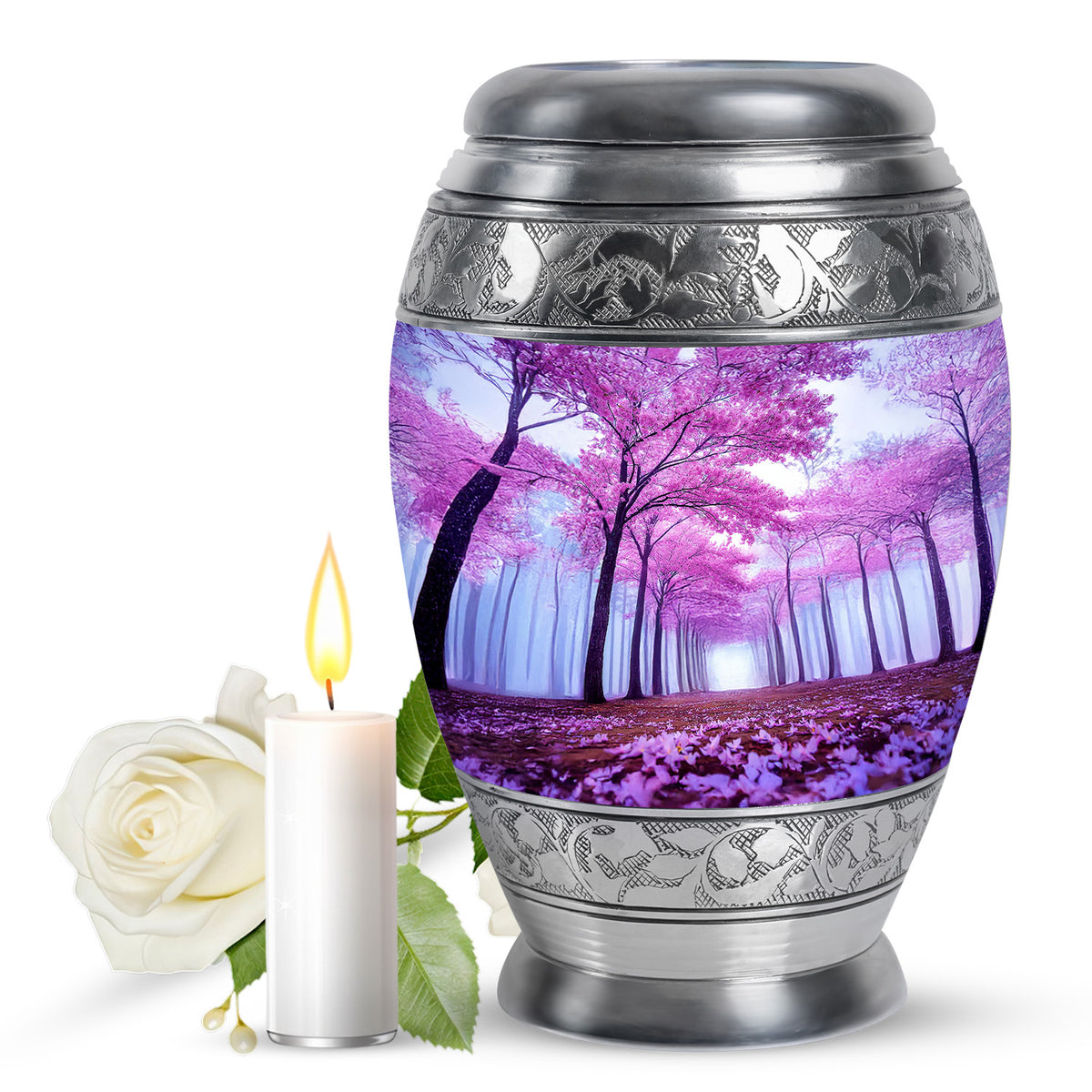 Powder Blue Cherry Blossom Cremation Urn back view with polished surface - regal cherry blossom design with crown-inspired accents - full-size 10 inch 200 cubic inch adult cremation urn