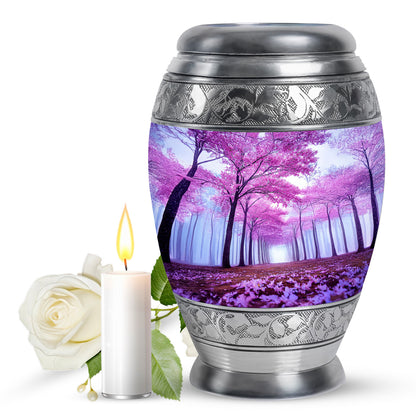 Powder Blue Cherry Blossom Cremation Urn back view with polished surface - regal cherry blossom design with crown-inspired accents - full-size 10 inch 200 cubic inch adult cremation urn