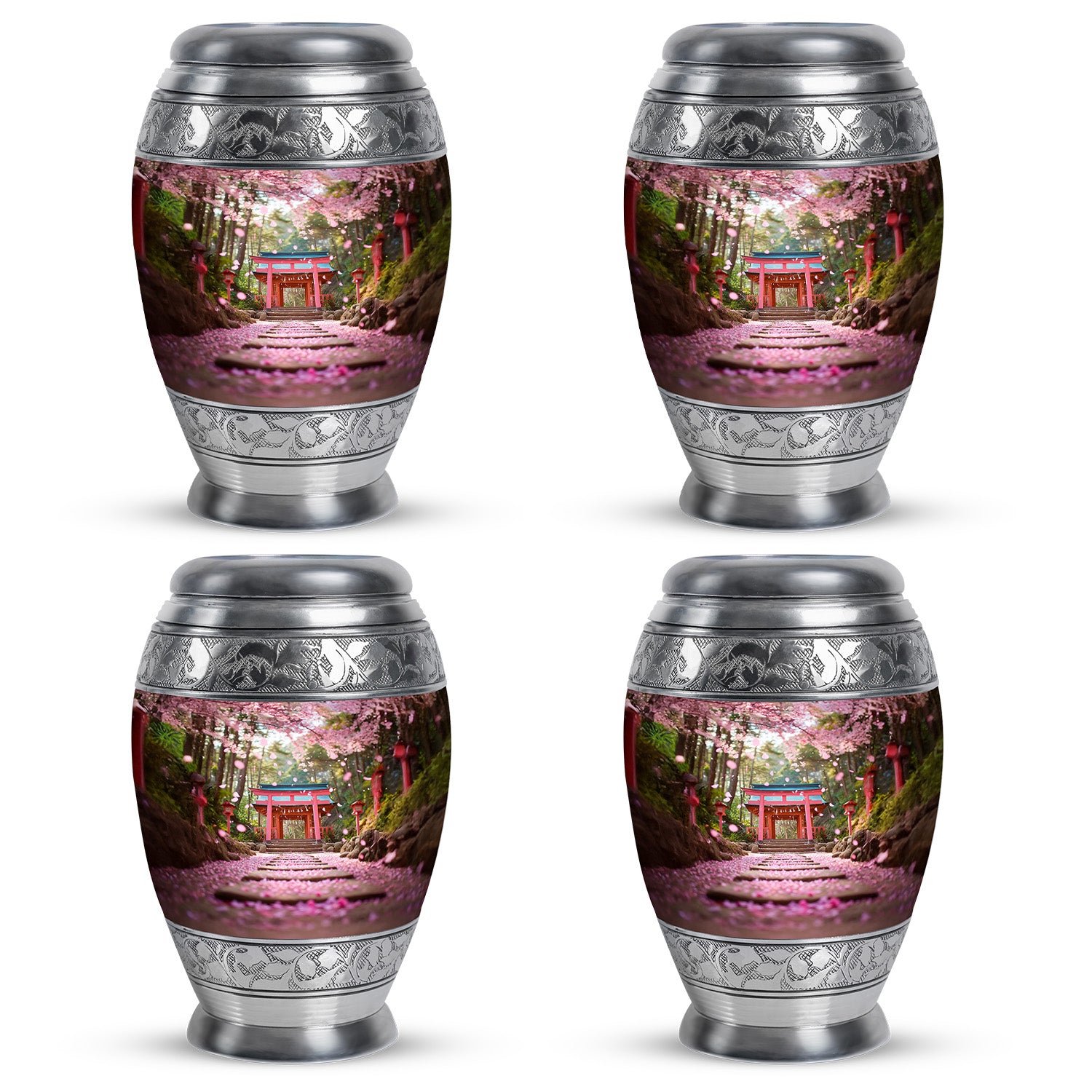 Champagne Gold Cherry Blossom Cremation Urn urn with complimentary velvet bag - ornate monarch-style cherry blossom relief on brushed aluminum - 10 inch aluminum urn for cremated remains