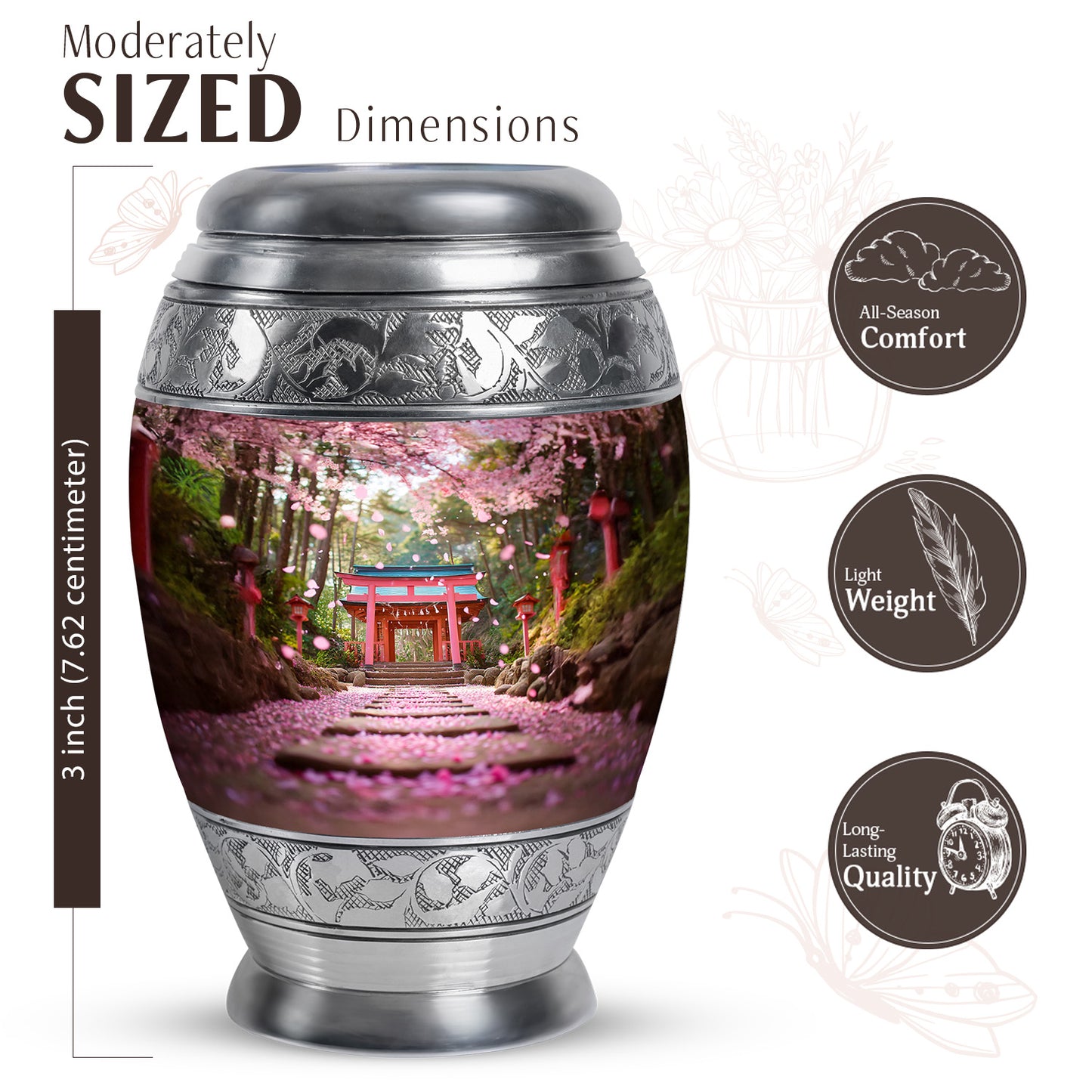 Royal Gold Cherry Blossom Cremation Urn lifestyle display on memorial shelf - royal cherry blossom engraving with decorative scrollwork - mini keepsake memorial for portion of cremation ashes