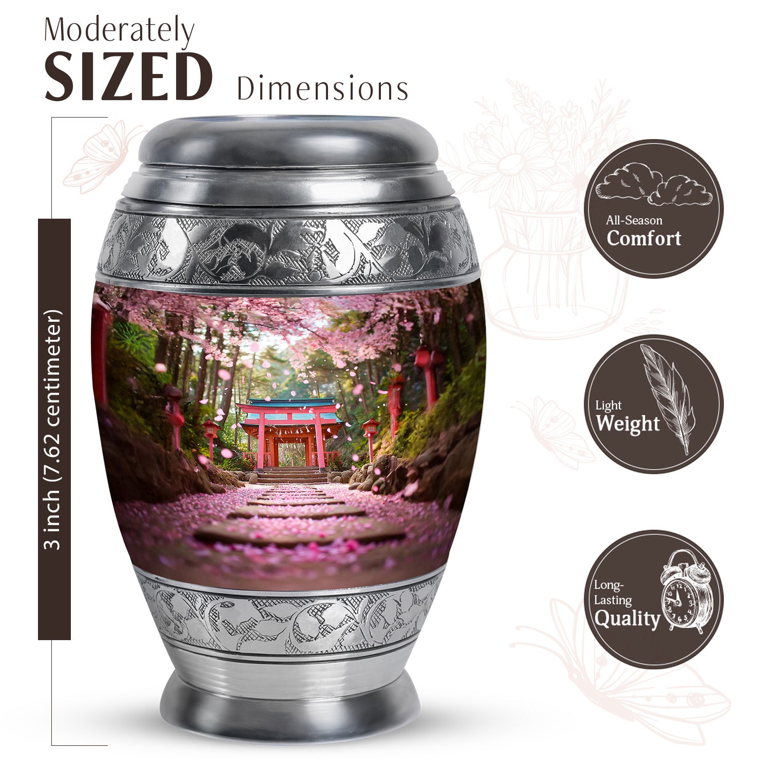 Royal Gold Cherry Blossom Cremation Urn lifestyle display on memorial shelf - royal cherry blossom engraving with decorative scrollwork - mini keepsake memorial for portion of cremation ashes