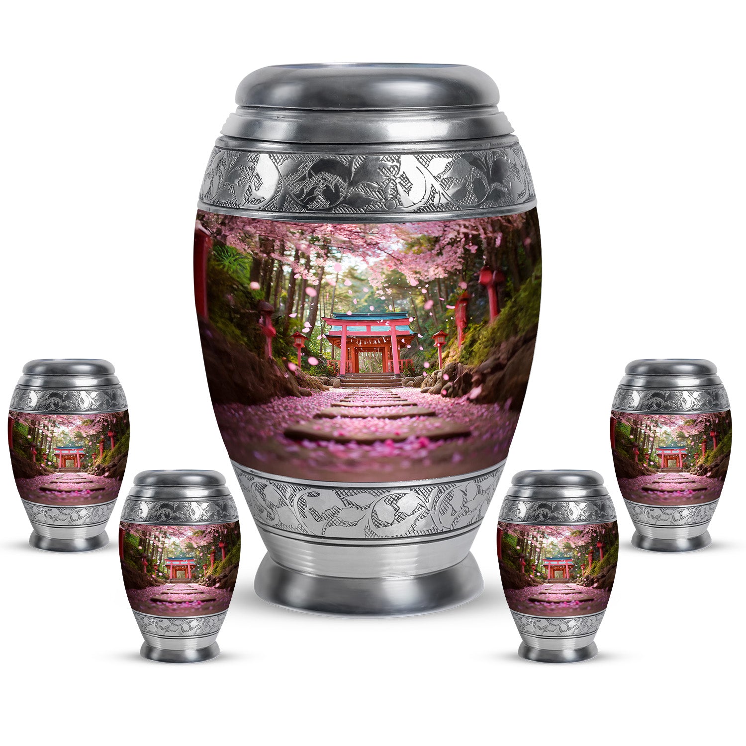 Sunrise Gold Cherry Blossom Cremation Urn detail view - ornate monarch-style cherry blossom relief on brushed aluminum - memorial set with one large and four small urns