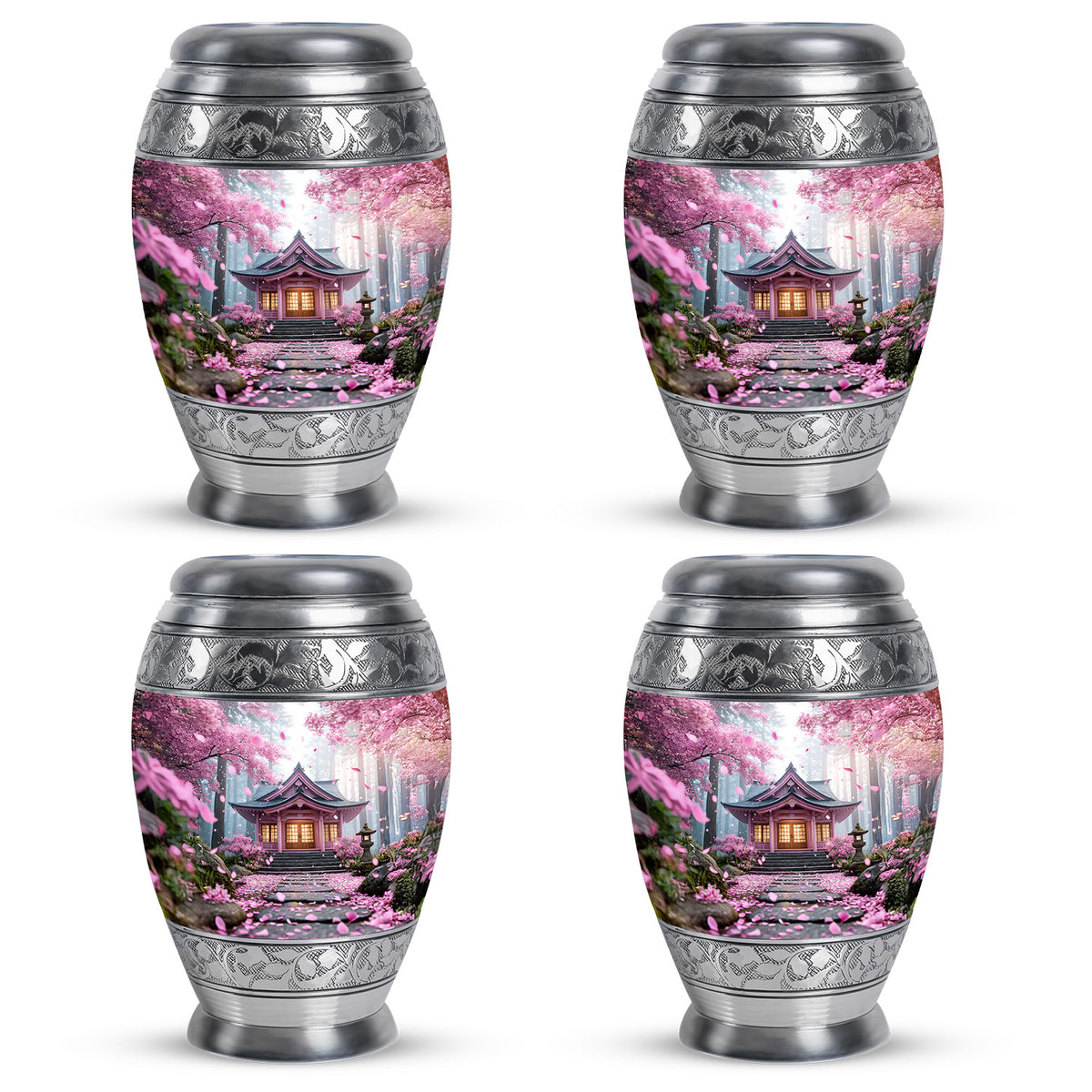 Salmon Pink Cherry Blossom Cremation Urn urn with complimentary velvet bag - majestic cherry blossom pattern with filigree border - 10 inch aluminum urn for cremated remains