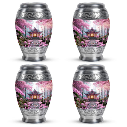 Salmon Pink Cherry Blossom Cremation Urn urn with complimentary velvet bag - majestic cherry blossom pattern with filigree border - 10 inch aluminum urn for cremated remains