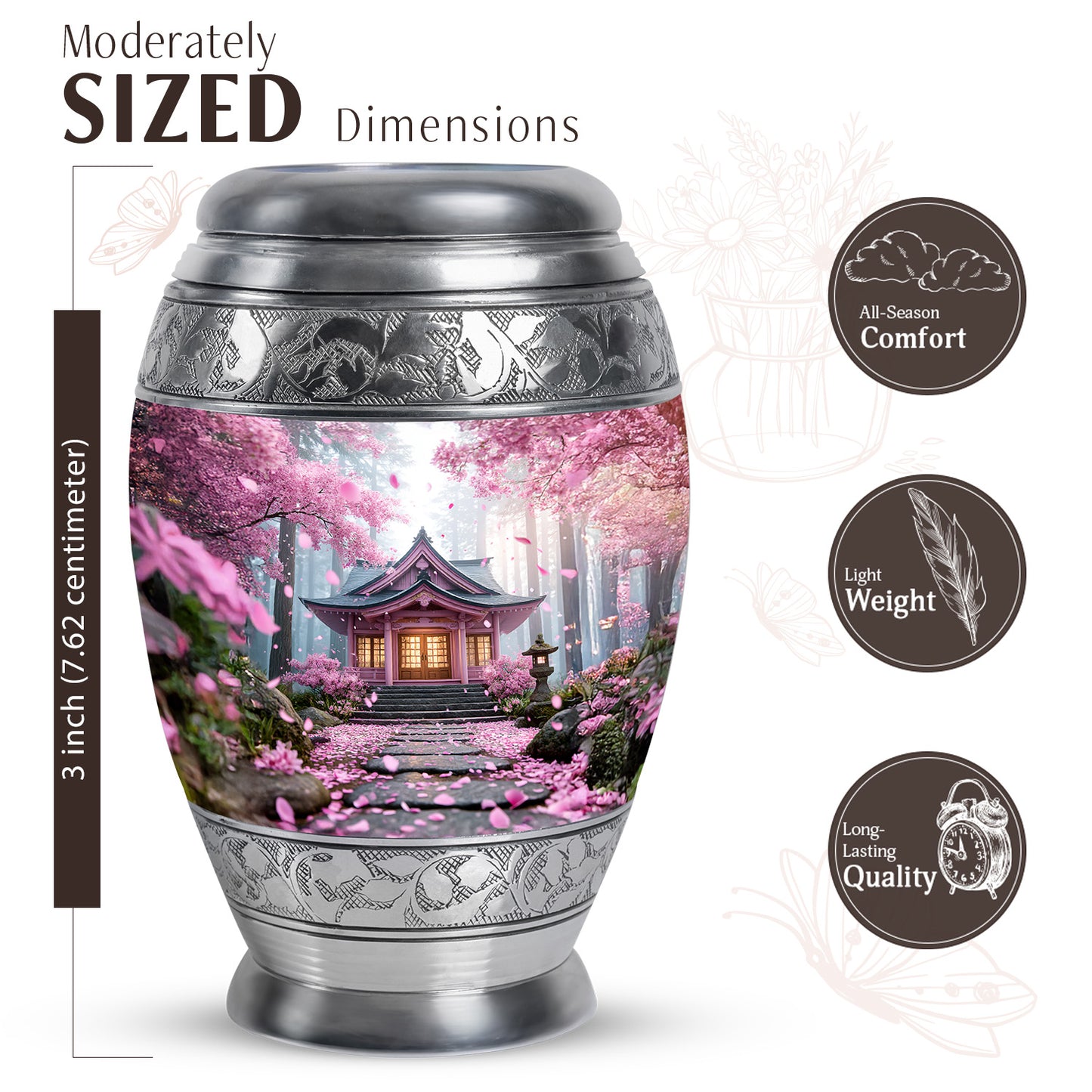 Rose Pink Cherry Blossom Cremation Urn lifestyle display on memorial shelf - regal cherry blossom design with crown-inspired accents - mini keepsake memorial for portion of cremation ashes