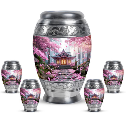 Peony Pink Cherry Blossom Cremation Urn detail view - ornate monarch-style cherry blossom relief on brushed aluminum - memorial set with one large and four small urns