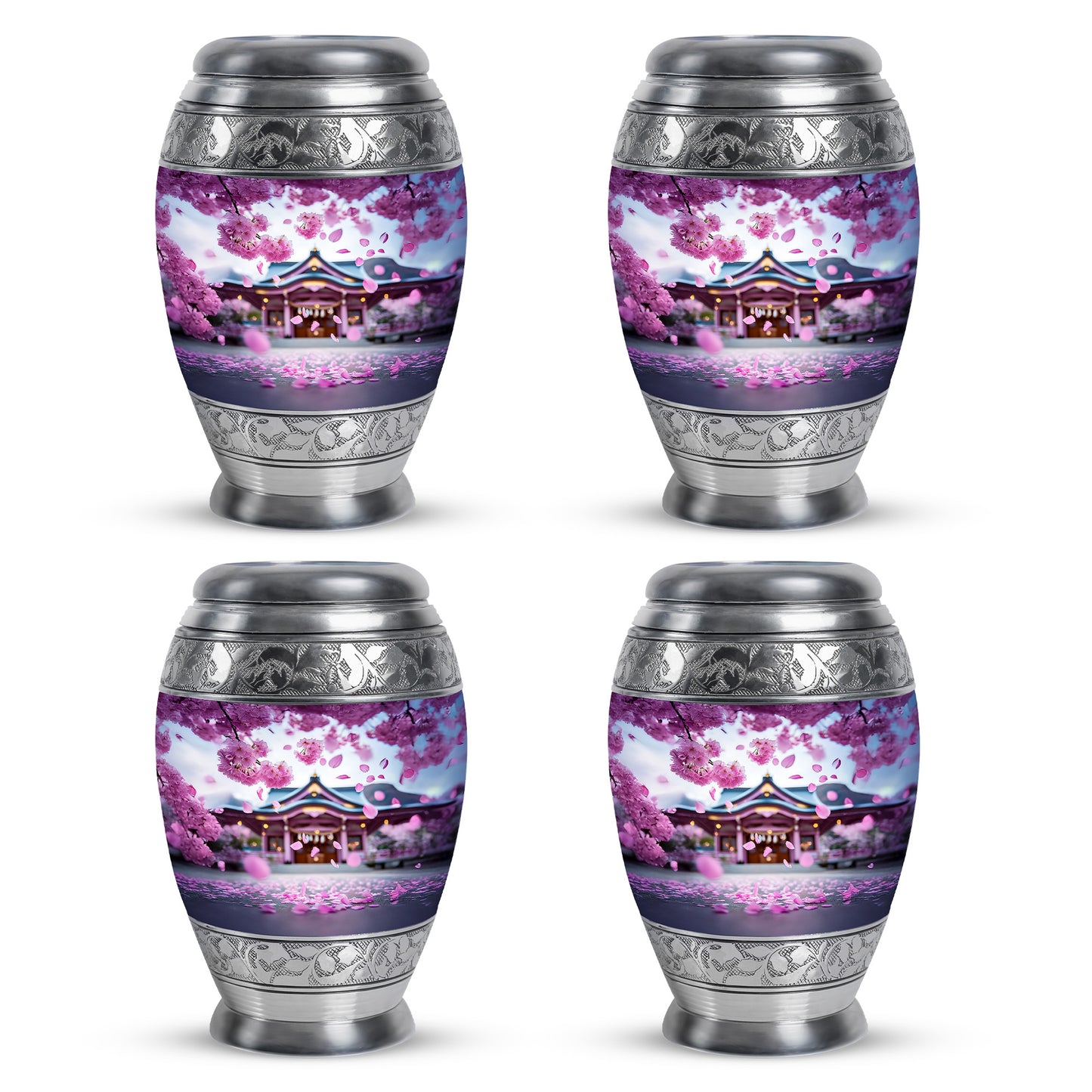 Coral Pink Cherry Blossom Cremation Urn urn with complimentary velvet bag - ornate monarch-style cherry blossom relief on brushed aluminum - 10 inch aluminum urn for cremated remains