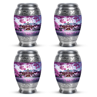 Coral Pink Cherry Blossom Cremation Urn urn with complimentary velvet bag - ornate monarch-style cherry blossom relief on brushed aluminum - 10 inch aluminum urn for cremated remains