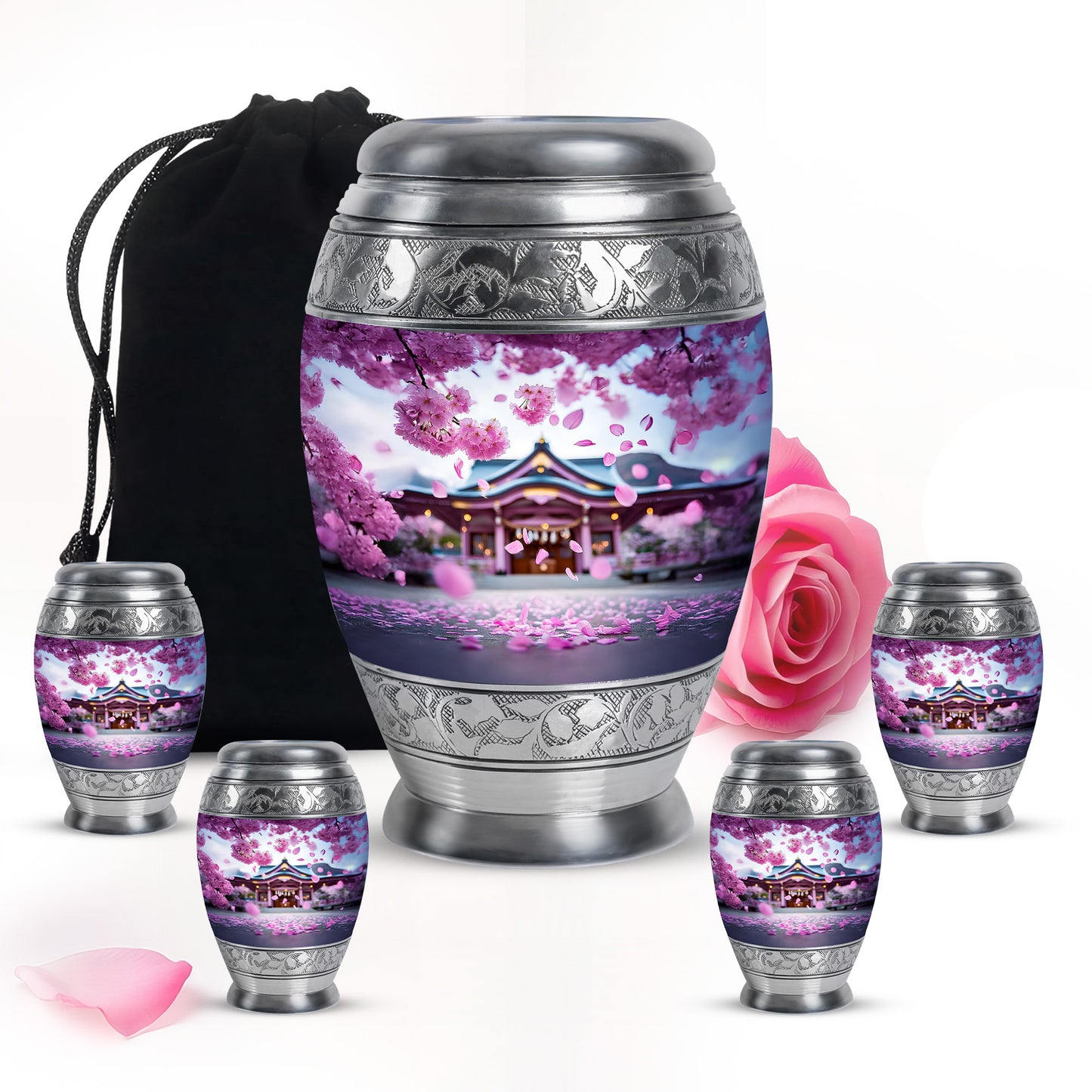 Peony Pink Cherry Blossom Cremation Urn detail view - ornate monarch-style cherry blossom relief on brushed aluminum - memorial set with one large and four small urns