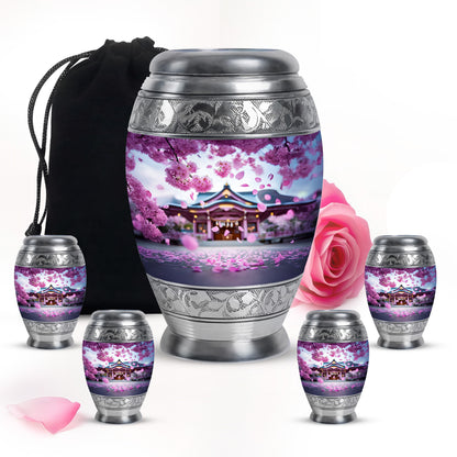 Peony Pink Cherry Blossom Cremation Urn detail view - ornate monarch-style cherry blossom relief on brushed aluminum - memorial set with one large and four small urns