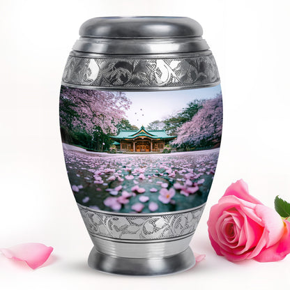 Divine White Cherry Blossom Cremation Urn for Ashes - 10-inch, 200 cu in - Yatskia