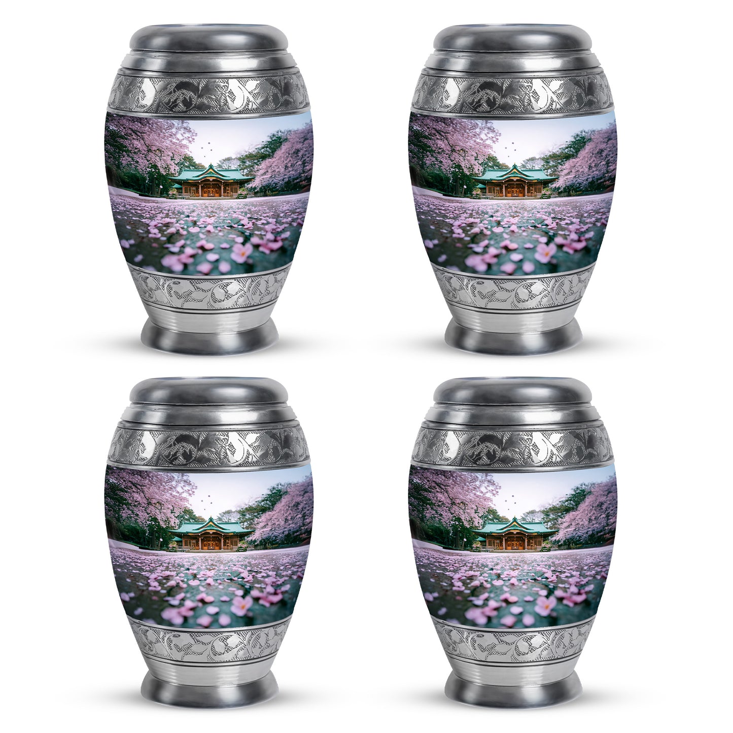 Porcelain White Cherry Blossom Cremation Urn urn with complimentary velvet bag - majestic cherry blossom pattern with filigree border - 10 inch aluminum urn for cremated remains