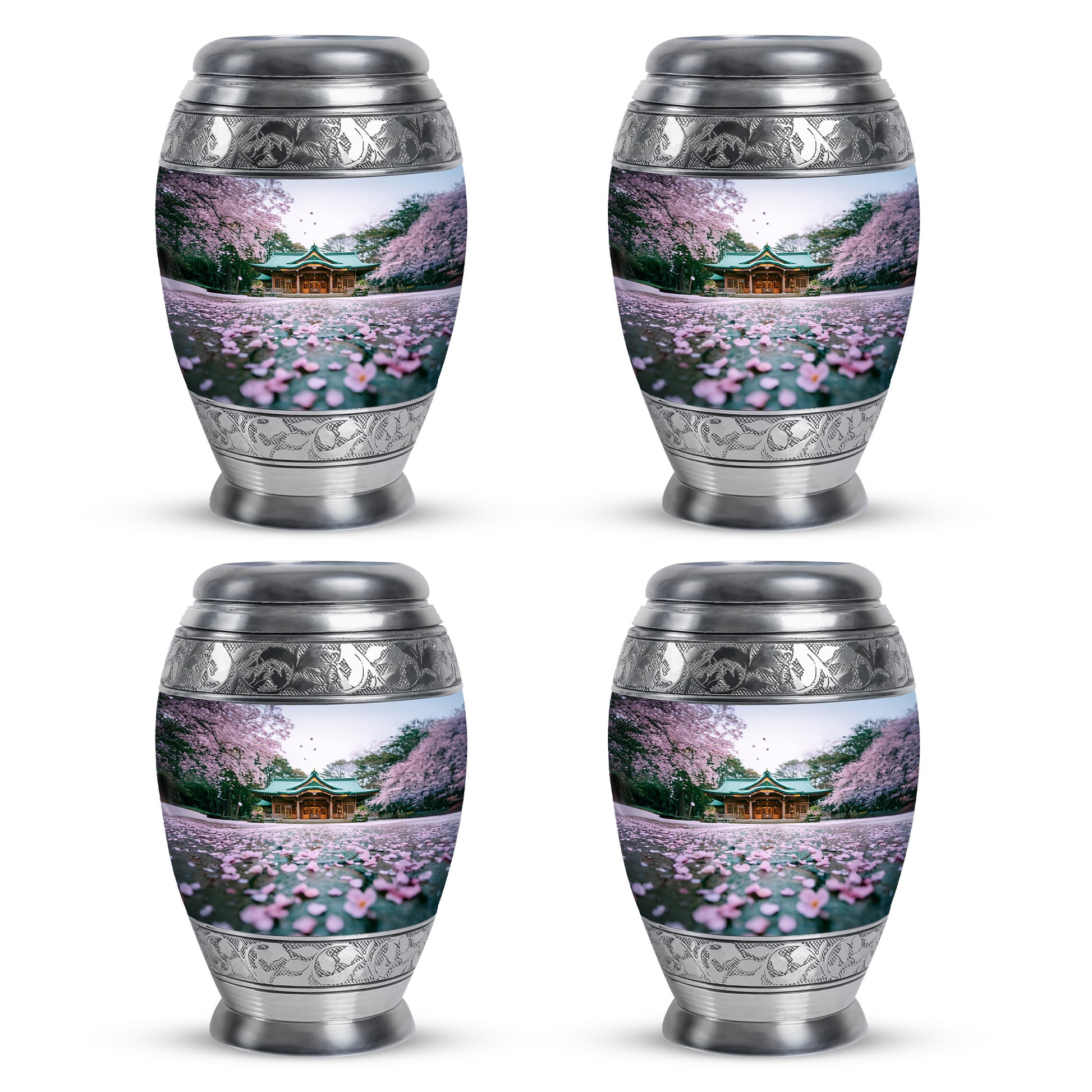 Porcelain White Cherry Blossom Cremation Urn urn with complimentary velvet bag - majestic cherry blossom pattern with filigree border - 10 inch aluminum urn for cremated remains