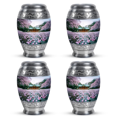Porcelain White Cherry Blossom Cremation Urn urn with complimentary velvet bag - majestic cherry blossom pattern with filigree border - 10 inch aluminum urn for cremated remains