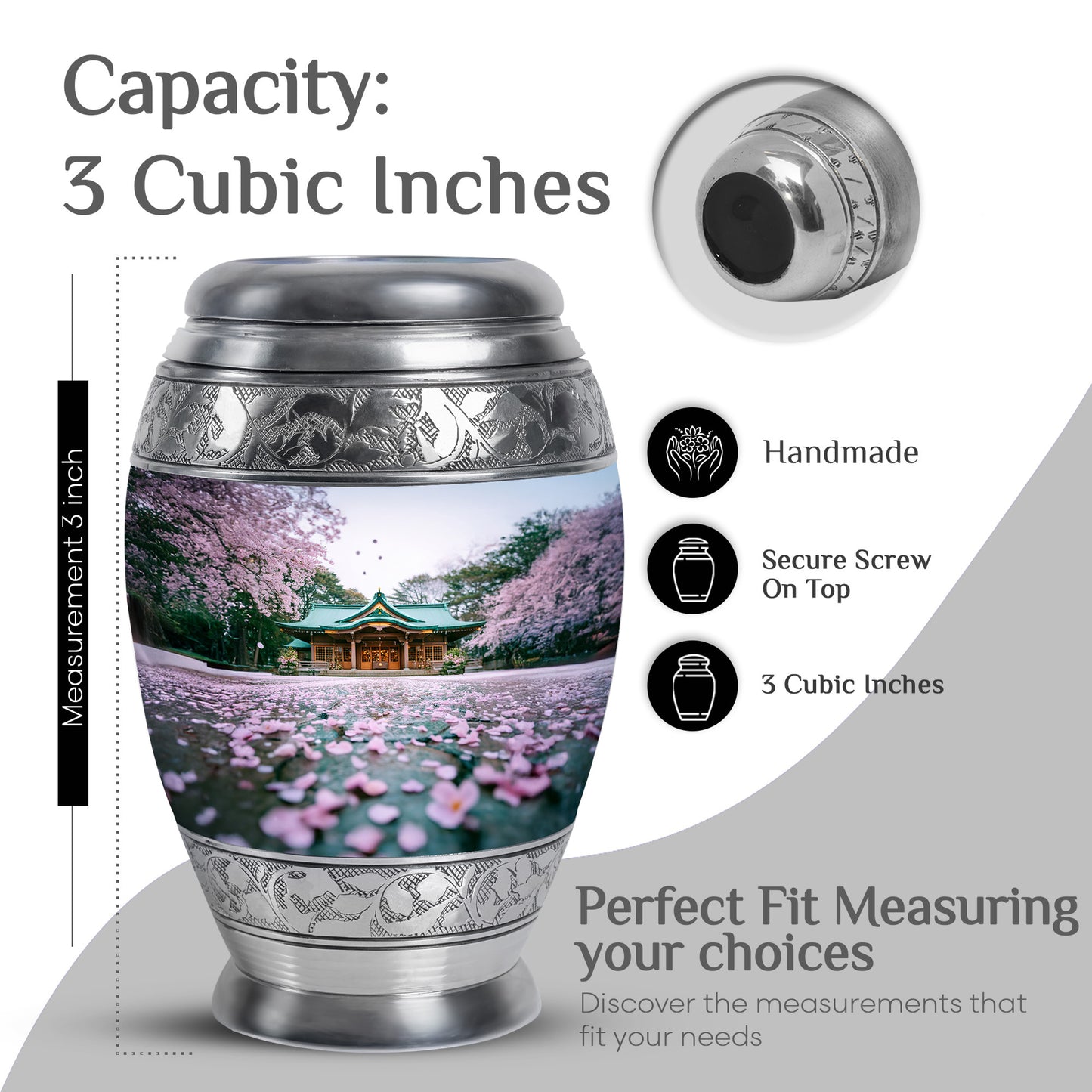 Pearl White Cherry Blossom Cremation Urn lifestyle display on memorial shelf - majestic cherry blossom pattern with filigree border - mini keepsake memorial for portion of cremation ashes