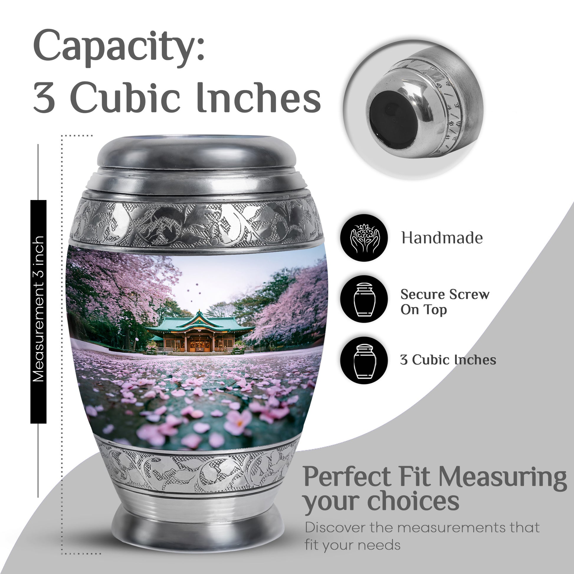 Pearl White Cherry Blossom Cremation Urn lifestyle display on memorial shelf - majestic cherry blossom pattern with filigree border - mini keepsake memorial for portion of cremation ashes